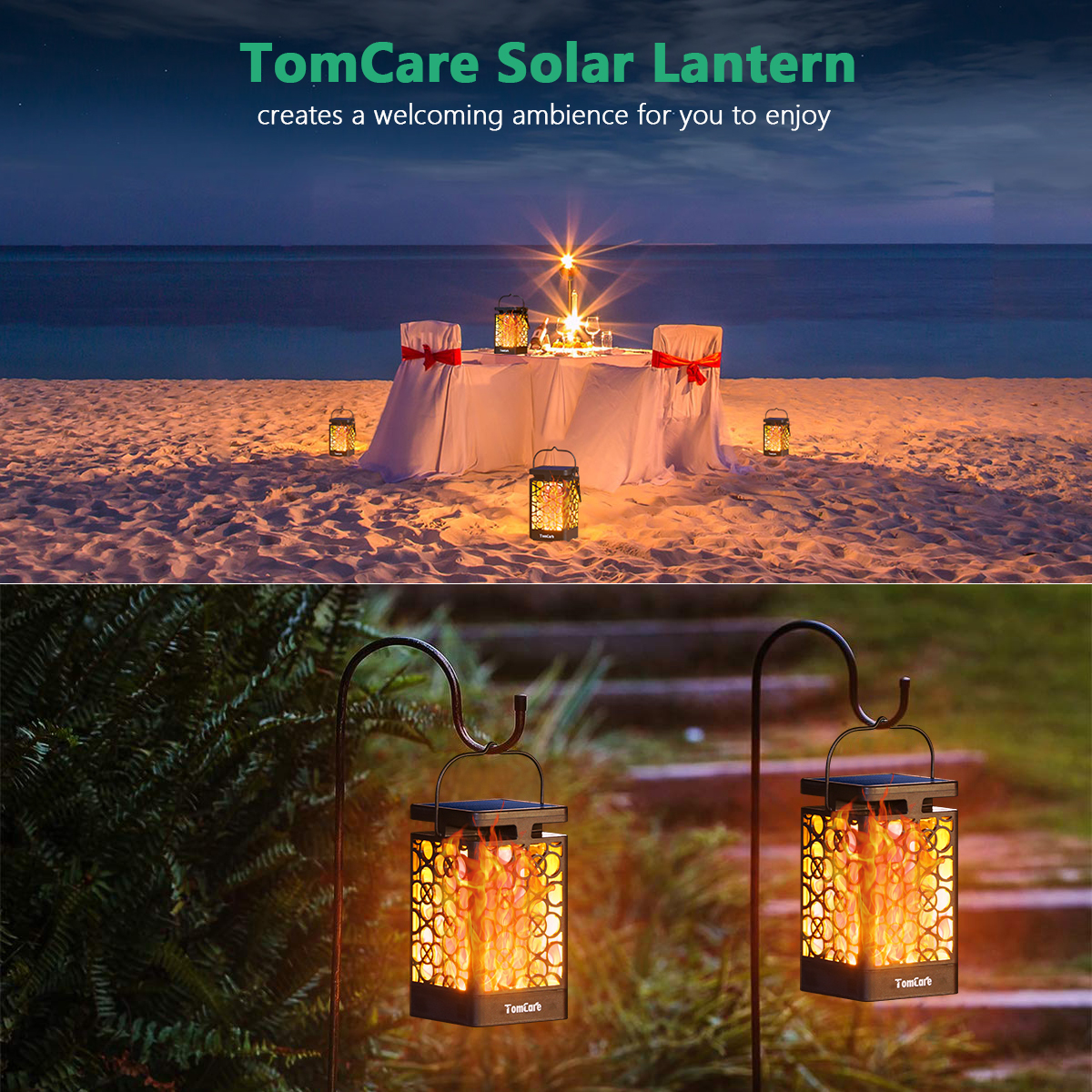 TomCare Solar Lights Upgraded Solar Lantern Flickering Flame Outdoor Hanging Lantern Decorative Lighting Solar Powered Waterproof LED Flame Umbrella Lights for Patio Garden Deck Yard, 2 Pack