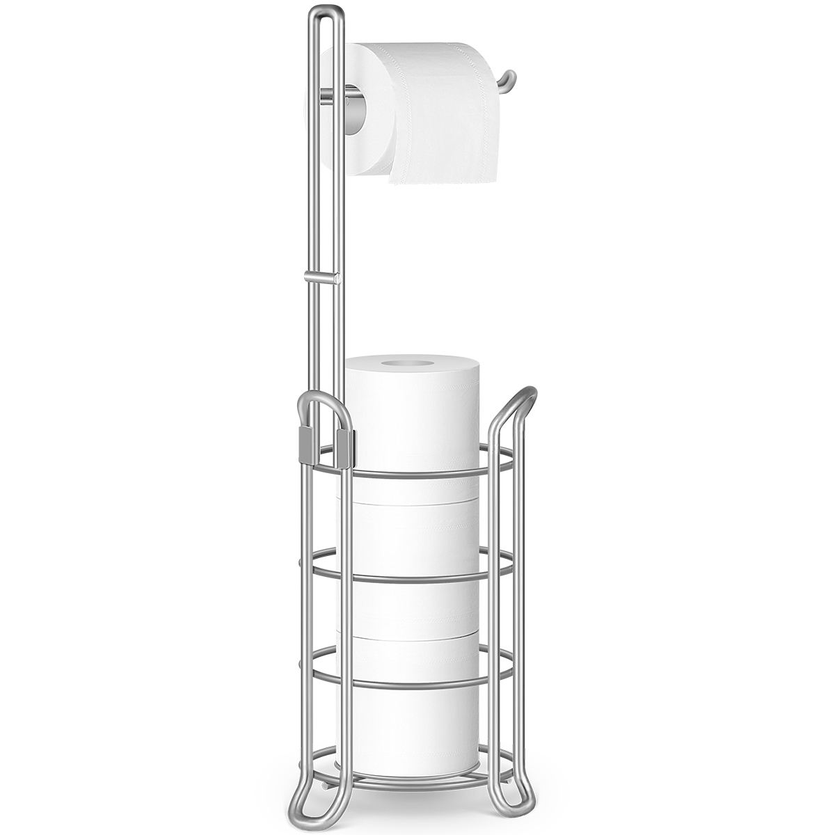 TomCare Toilet Paper Holder Toilet Paper Stand Free-Standing Toilet Tissue Paper Roll Bathroom Storage Shelf and Dispenser for 3 Spare Rolls Metal Wire Bathroom Accessories Storage Organizer Silver