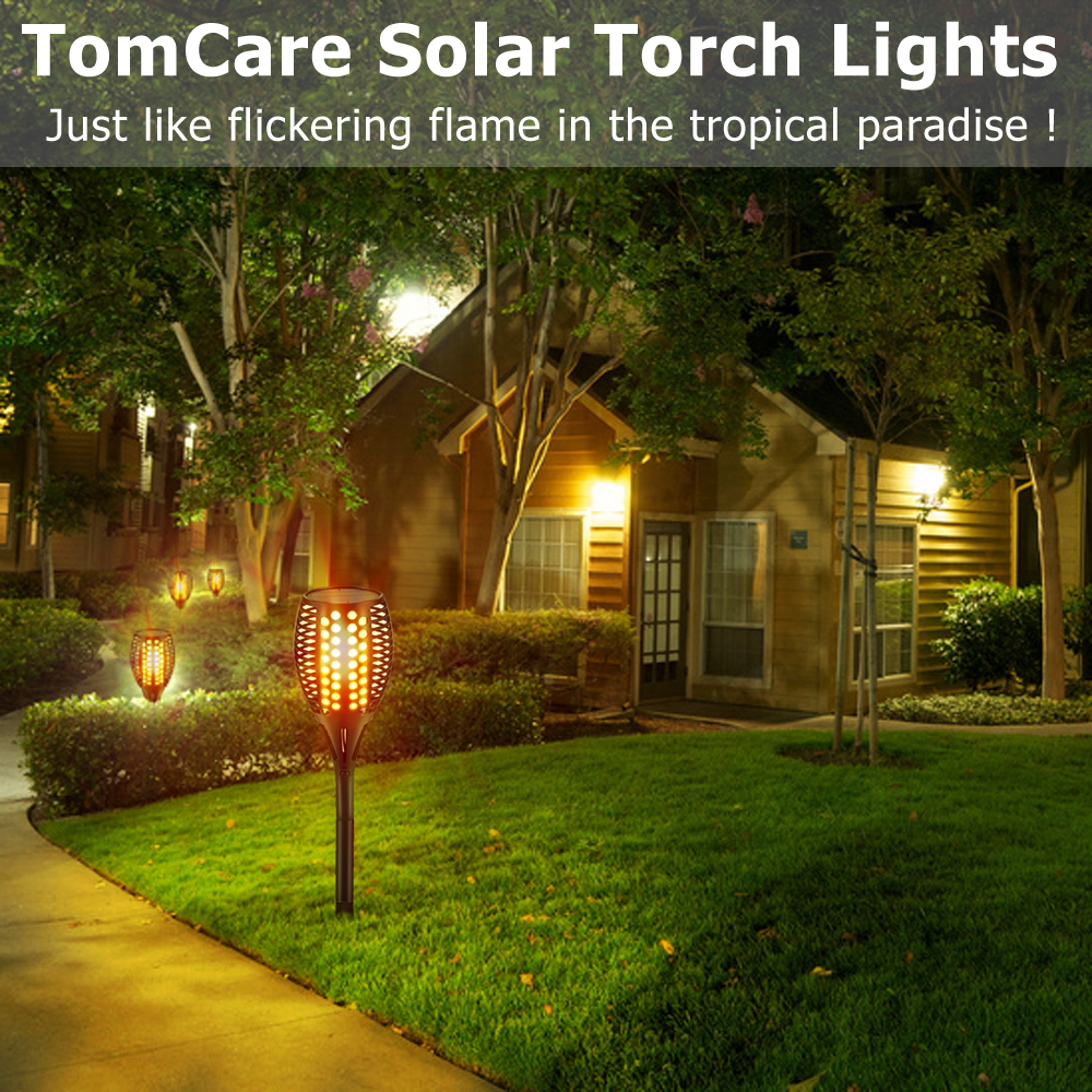 TomCare Solar Lights Upgraded, 43" Waterproof Flickering Flames 96 LED Torches Lights Outdoor Solar Landscape Decoration Lighting Auto On/Off Pathway Lights for Garden Patio Driveway, Black(4)