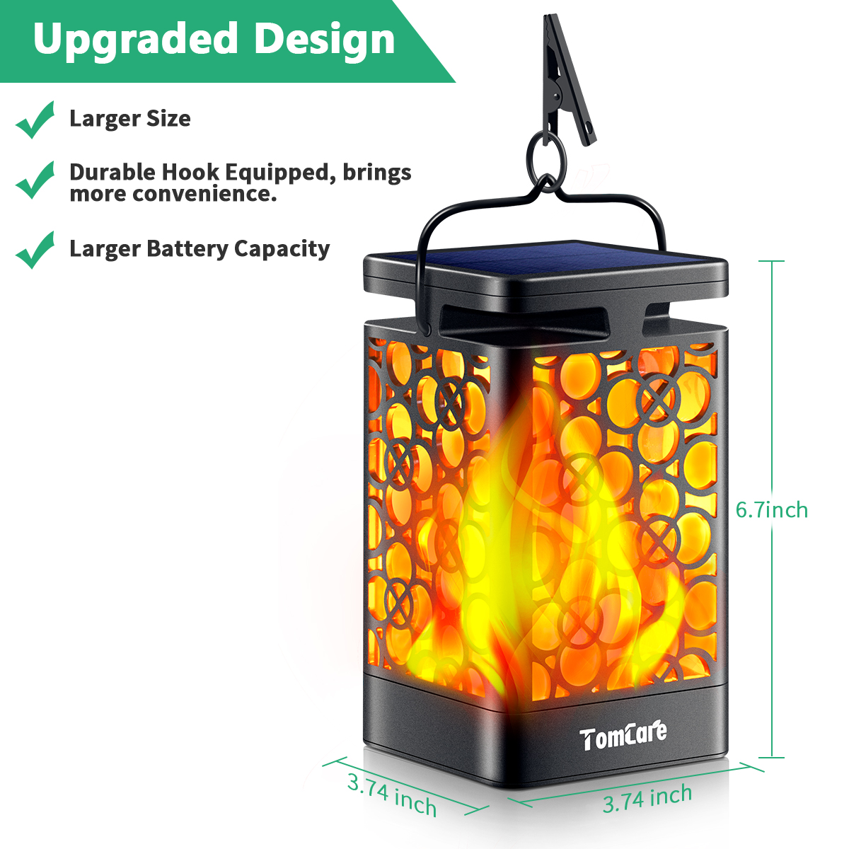 TomCare Solar Lights Upgraded Solar Lantern Flickering Flame Outdoor Hanging Lantern Decorative Lighting Solar Powered Waterproof LED Flame Umbrella Lights for Patio Garden Deck Yard, 2 Pack