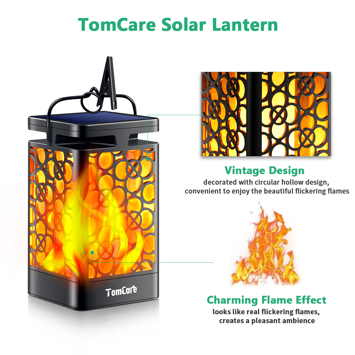 TomCare Solar Lights Upgraded Solar Lantern Flickering Flame Outdoor Hanging Lantern Decorative Lighting Solar Powered Waterproof LED Flame Umbrella Lights for Patio Garden Deck Yard, 2 Pack