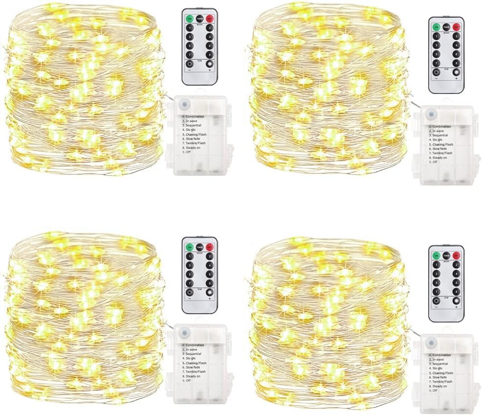 GDEALER 4 Pack 16.4 Feet 50 Led Fairy Lights Battery Operated with Remote Timer Waterproof Silver Wire Twinkle Christmas String Lights Outdoor Indoor 8 Modes for Bedroom Wedding Dorm Decor Warm White