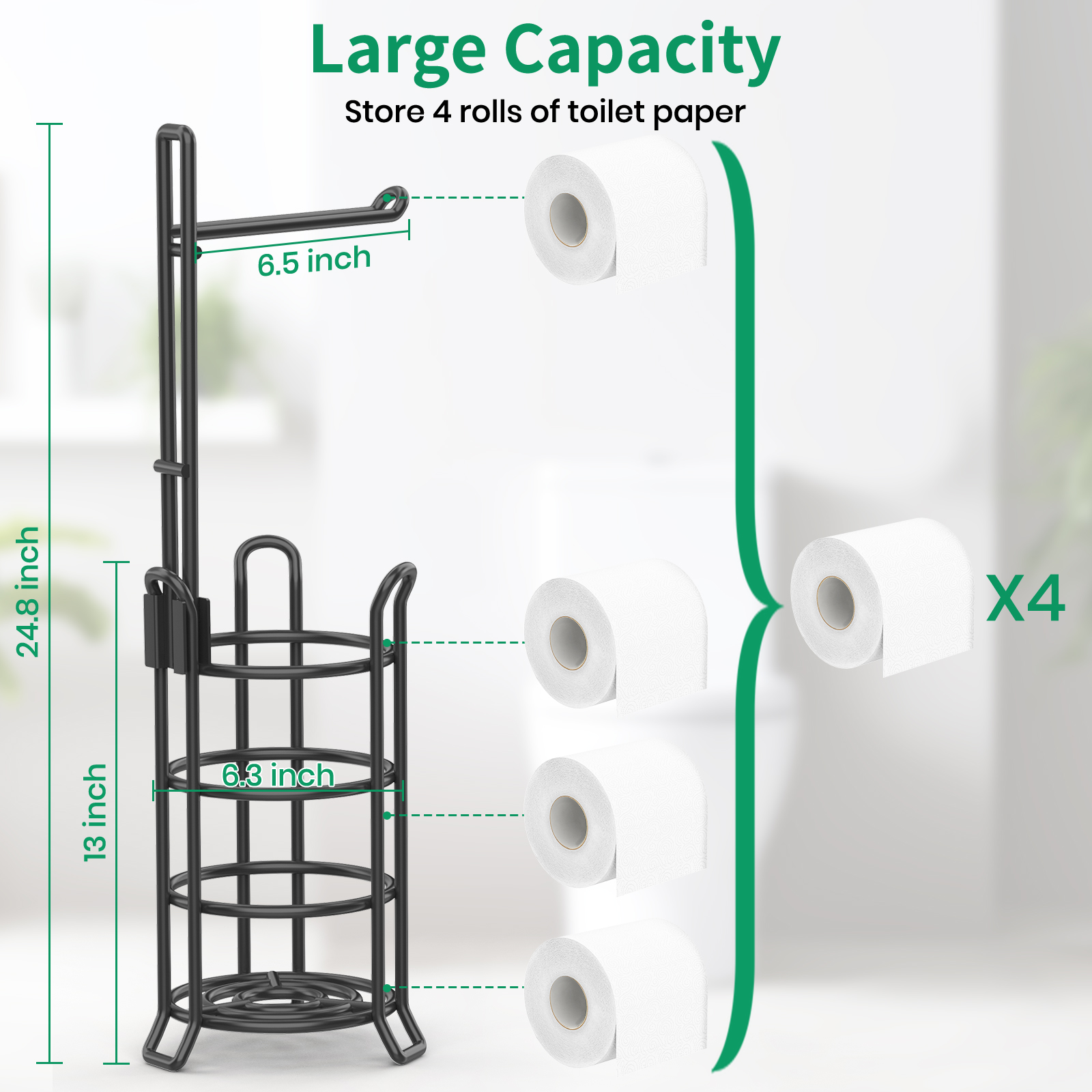 TomCare Toilet Paper Holder Toilet Paper Stand and Dispenser for 3 Spare Rolls Metal Wire Free-Standing Toilet Tissue Paper Roll Storage Shelf Bathroom Accessories Storage Organizer Black