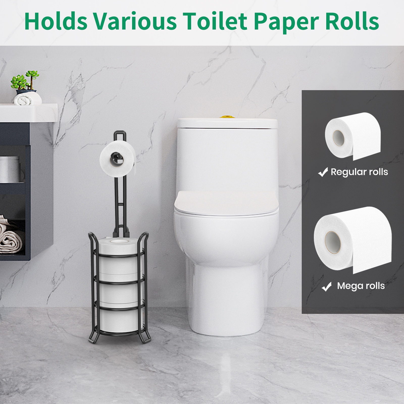 TomCare Toilet Paper Holder Toilet Paper Stand and Dispenser for 3 Spare Rolls Metal Wire Free-Standing Toilet Tissue Paper Roll Storage Shelf Bathroom Accessories Storage Organizer Black