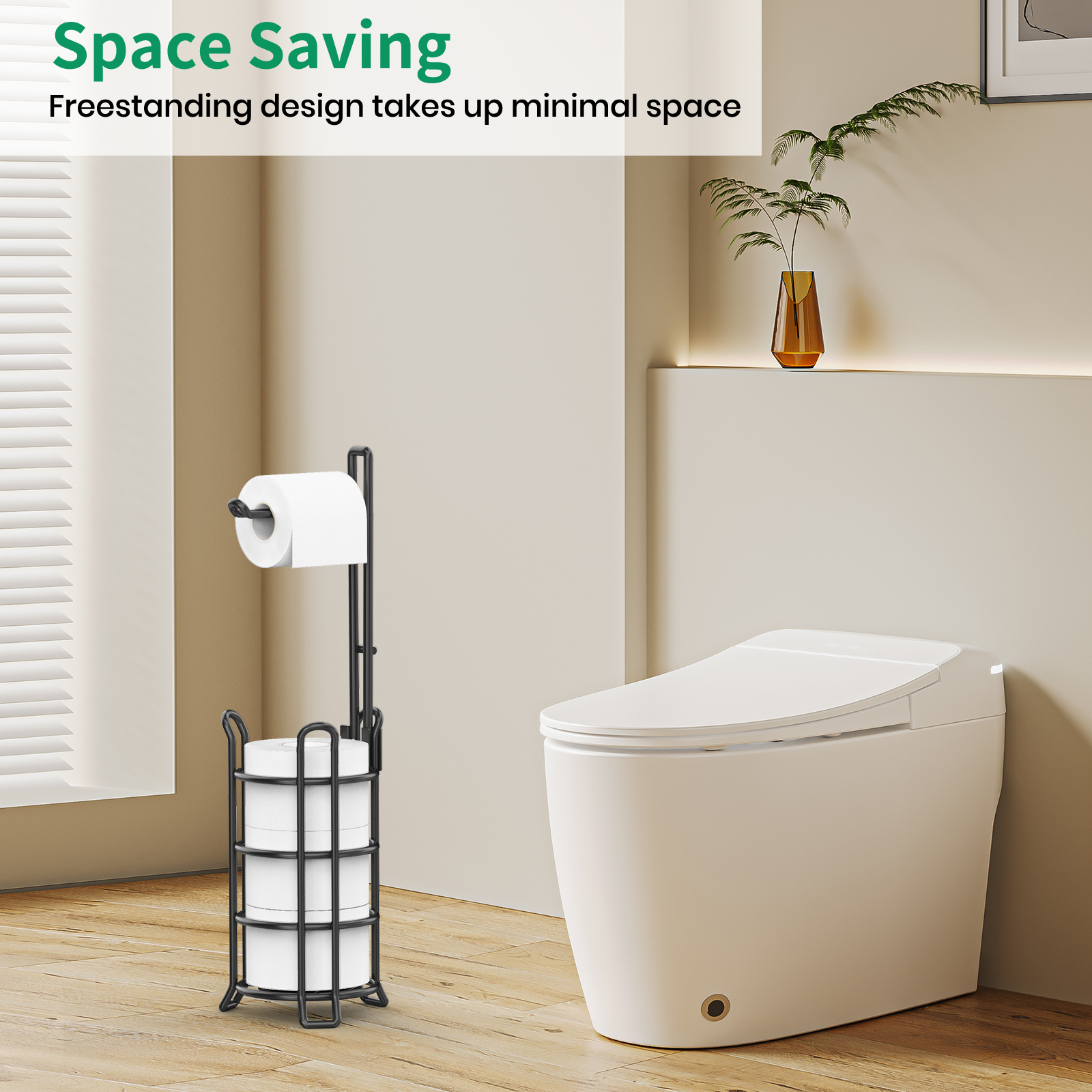 TomCare Toilet Paper Holder Toilet Paper Stand and Dispenser for 3 Spare Rolls Metal Wire Free-Standing Toilet Tissue Paper Roll Storage Shelf Bathroom Accessories Storage Organizer Black