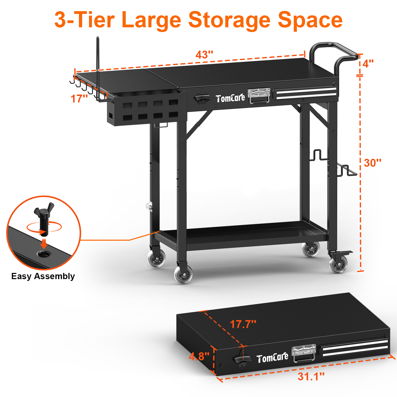 TomCare Grill Table with 2-Tier Storage Shelves Lockable Wheels Grill Cart with Silicone Grill Mat Heavy Duty Outdoor Tabletop Griddle Stand Holds 500Lbs Fits 22” Blackstone Ninja Cuisinart BBQ Grill