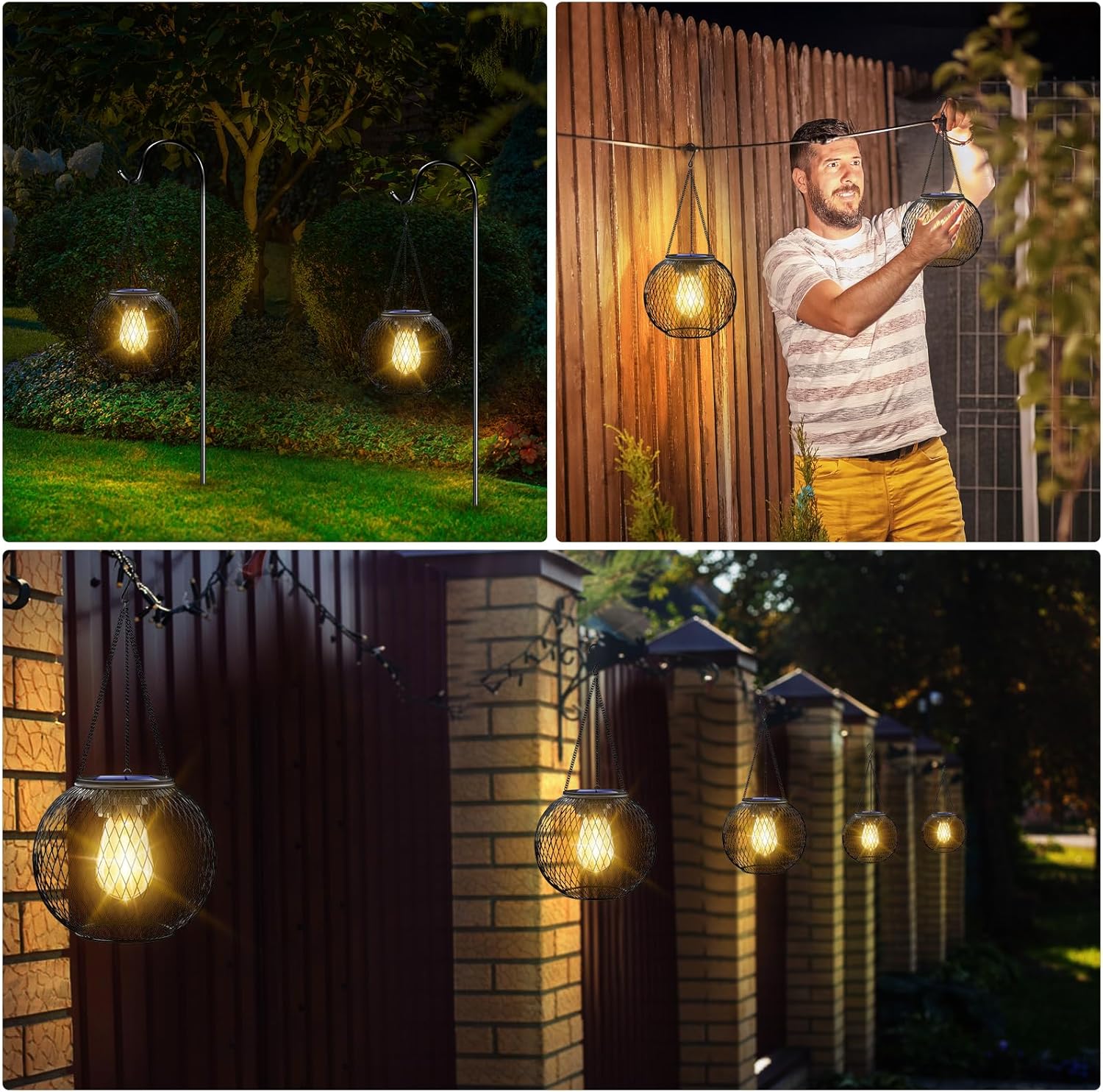 TomCare Solar Lanterns Lights Outdoor Waterproof Metal Hanging Solar Powered Lights for Outside Decorative Lanterns for Garden Yard Patio Pathway, 4 Pack
