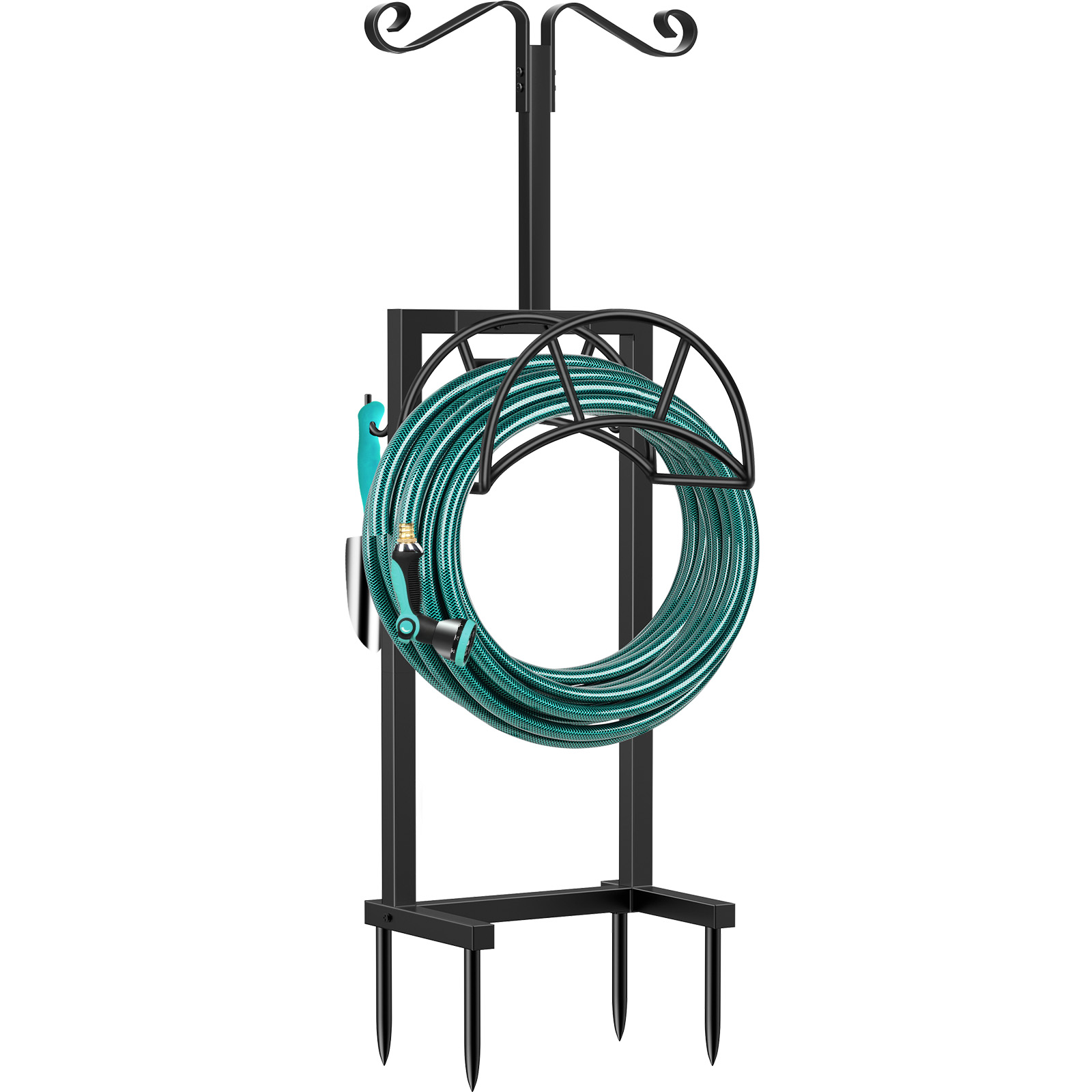 TomCare Garden Hose Holder 4 Spikes Garden Hose Reel Hose Stand Upgraded Water Hose Storage with Tool Hooks Garden Hose Hanger Organizer Holds 160ft Hoses for Outside Yard Lawn, Black