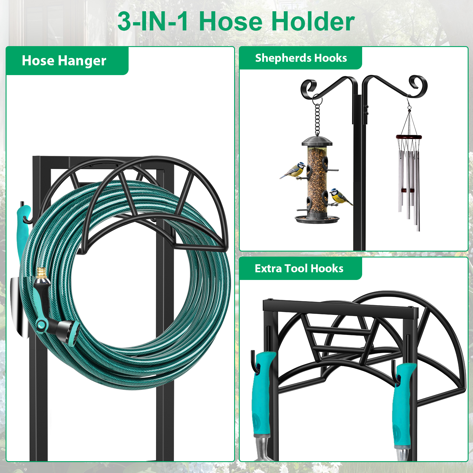 TomCare Garden Hose Holder 4 Spikes Garden Hose Reel Hose Stand Upgraded Water Hose Storage with Tool Hooks Garden Hose Hanger Organizer Holds 160ft Hoses for Outside Yard Lawn, Black