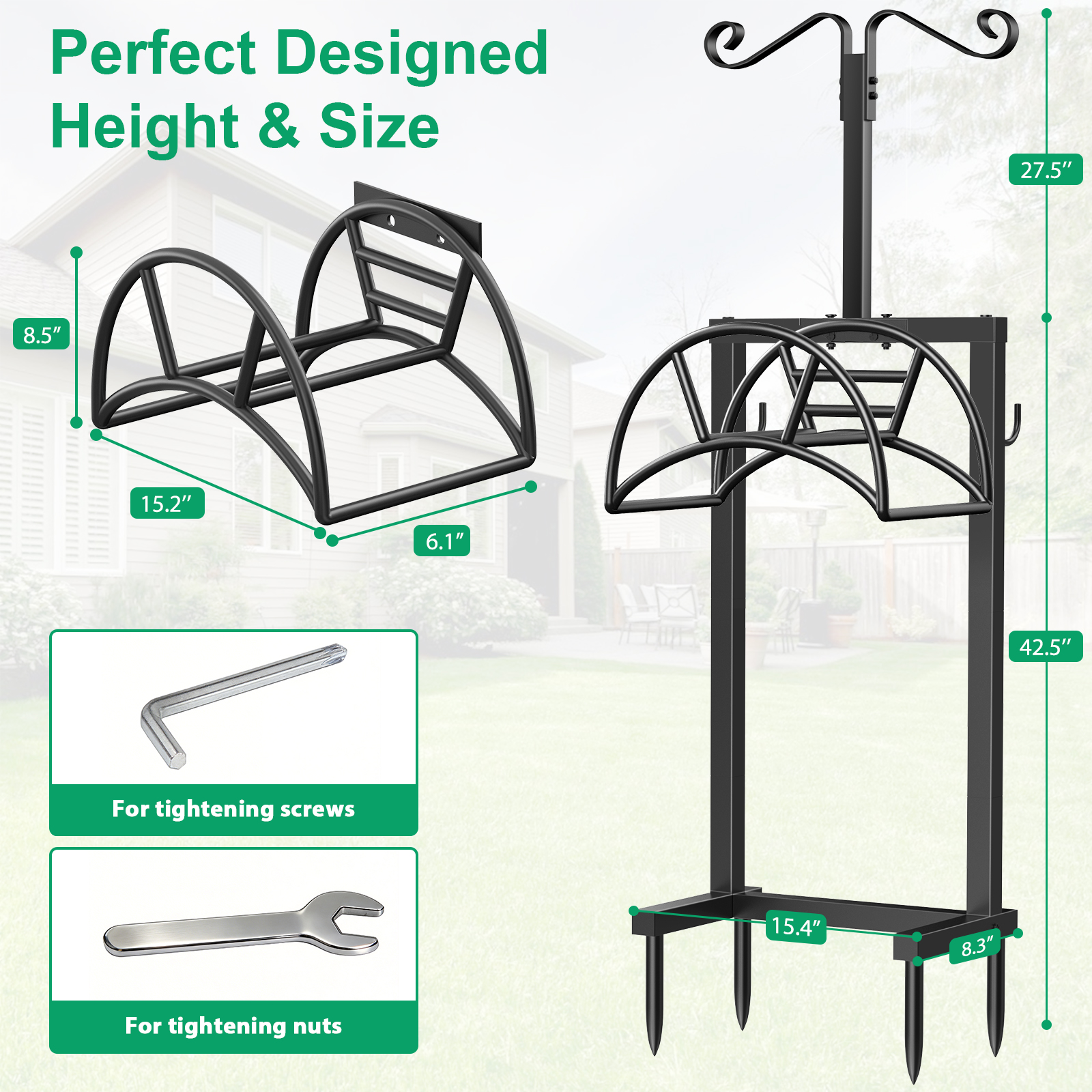 TomCare Garden Hose Holder 4 Spikes Garden Hose Reel Hose Stand Upgraded Water Hose Storage with Tool Hooks Garden Hose Hanger Organizer Holds 160ft Hoses for Outside Yard Lawn, Black